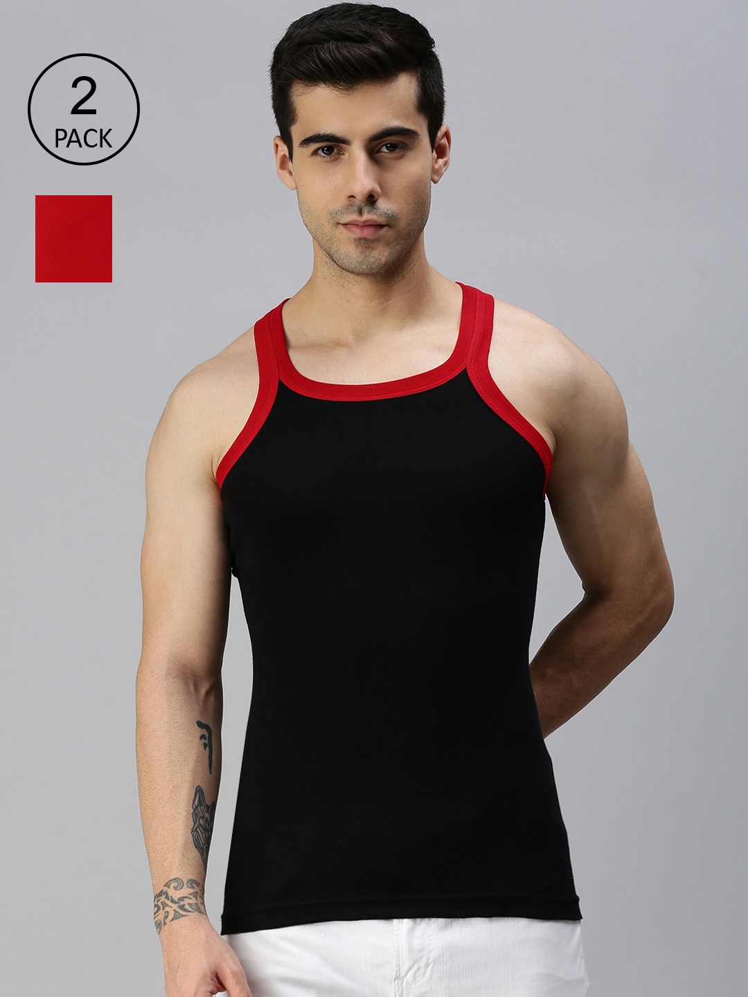 

Lux Cozi Men Pack Of 2 Solid Pure Cotton Innerwear Gym Vests, Black