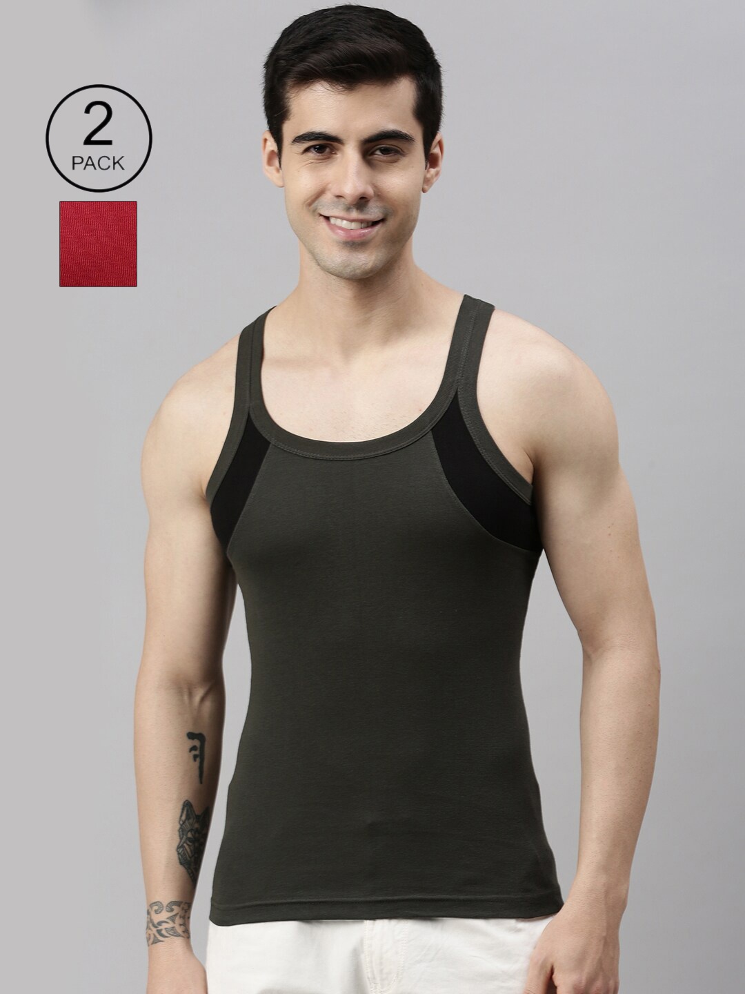 

Lux Cozi Men Pack of 2 Olive Green & Red Solid Cotton Innerwear Vests