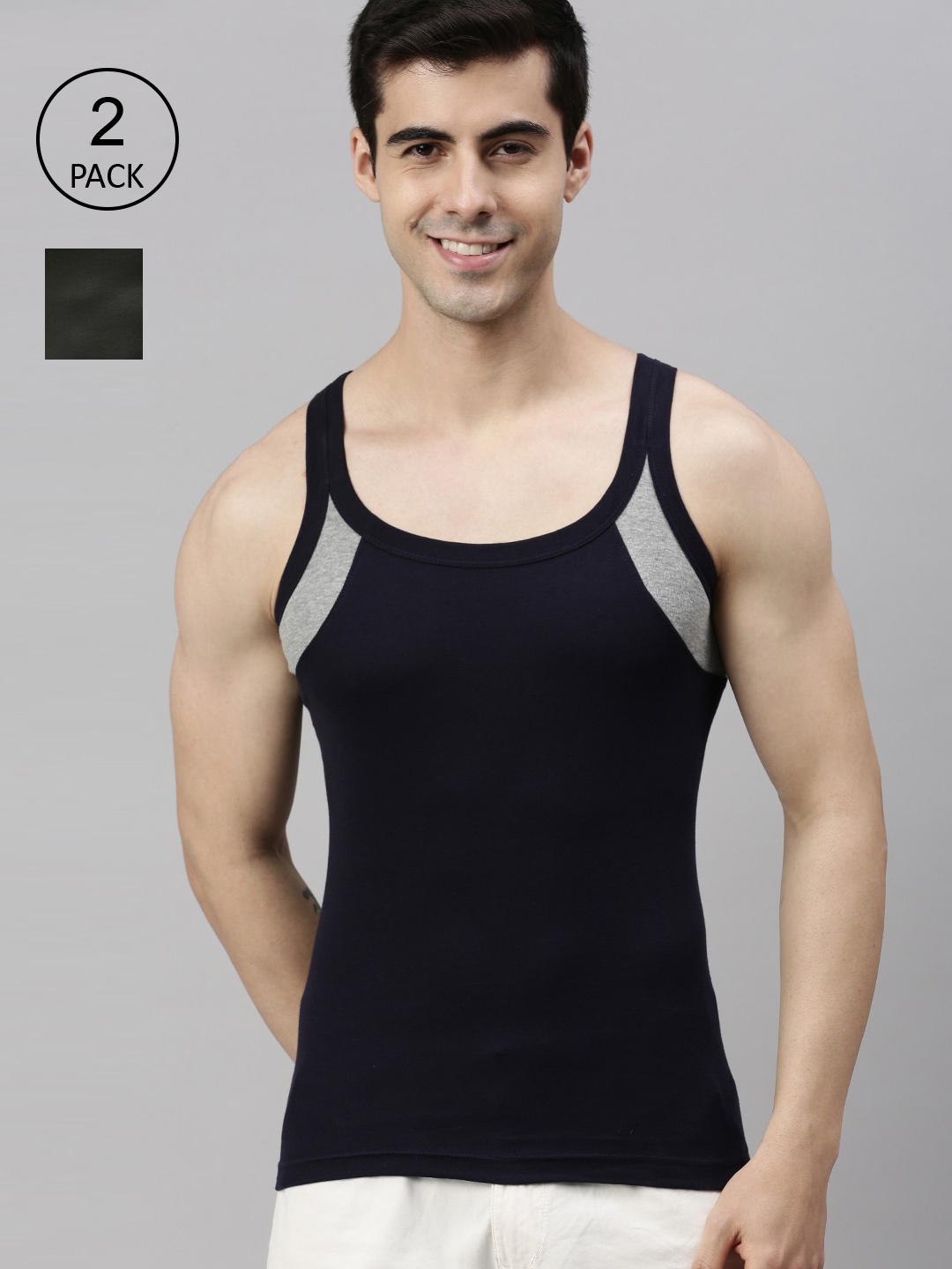 

Lux Cozi Men Pack Of 2 Solid Pure Cotton Basic Vests, Navy blue
