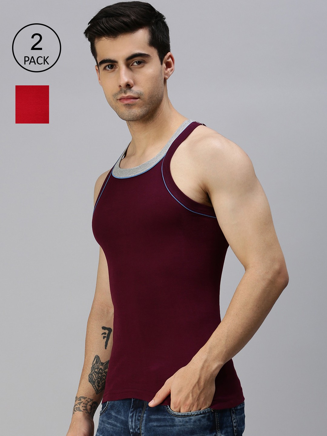 

Lux Cozi Men Pack Of 2 Solid Pure Cotton Innerwear Vests, Maroon