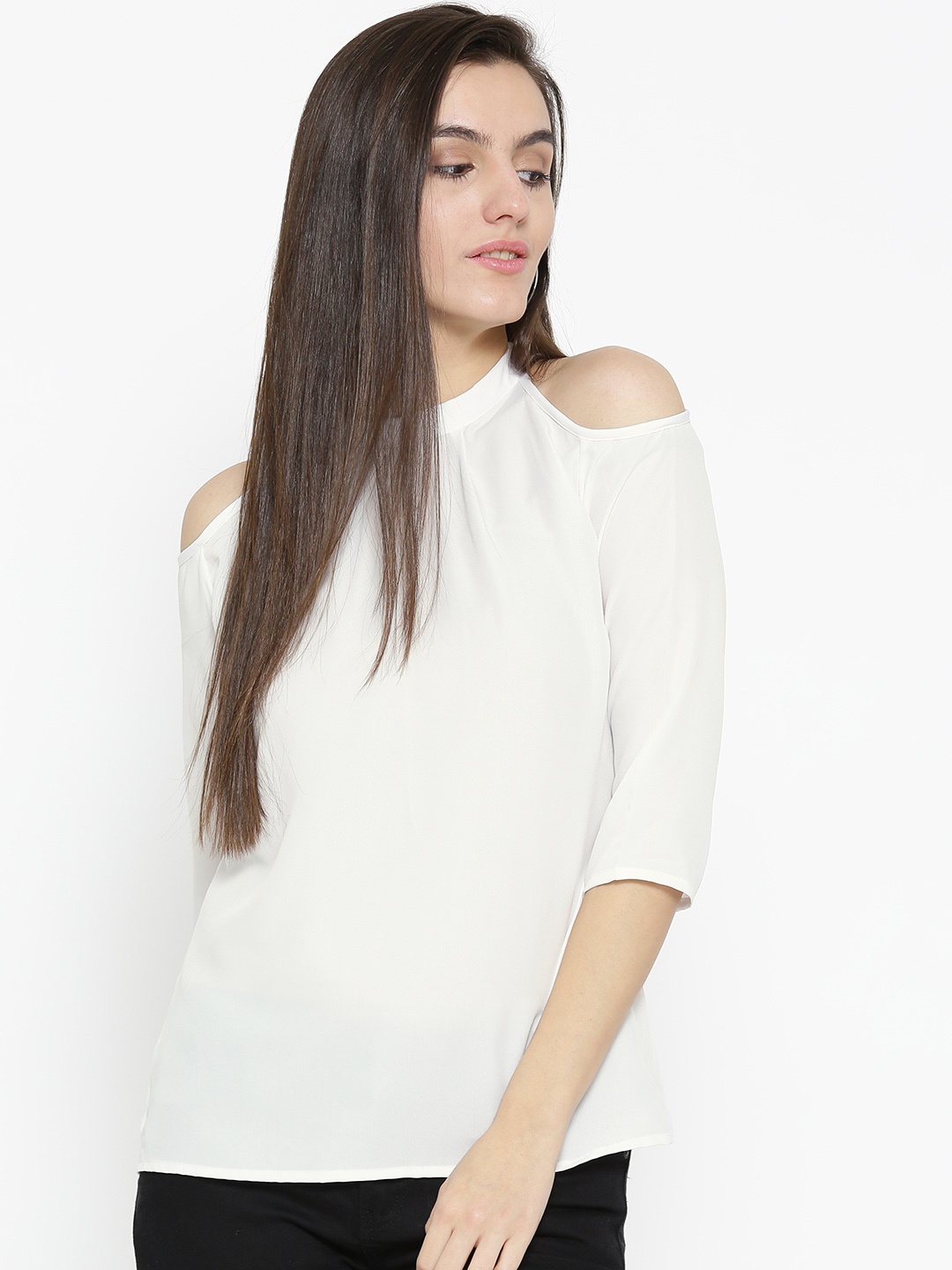 

U&F Women White Solid Cold Shoulder Top