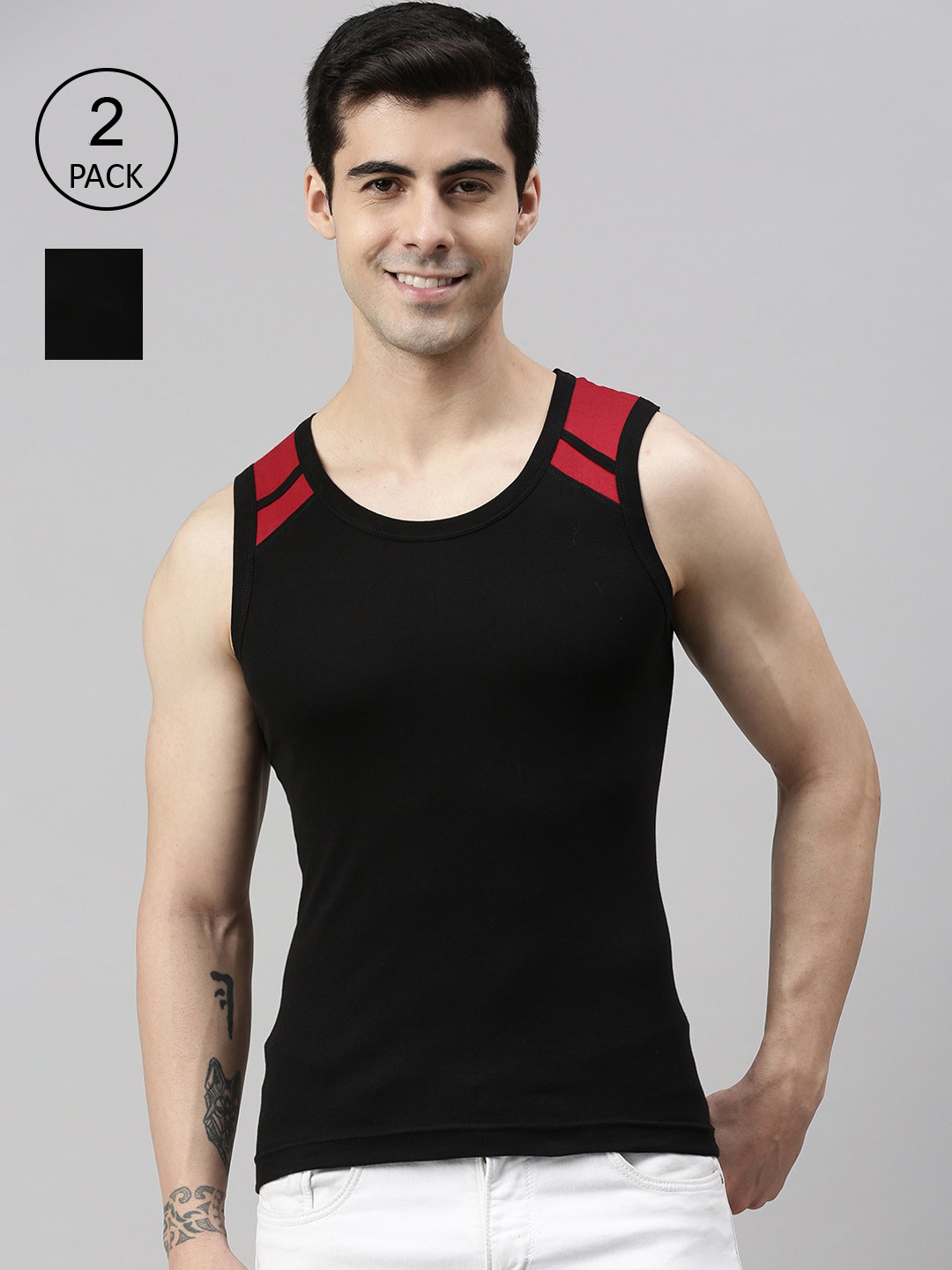 

Lux Cozi Men Plus Size Pack Of 2 Solid Organic Cotton Innerwear Vests, Black