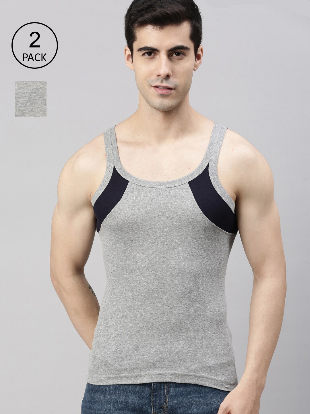 

Lux Cozi Men Pack Of 2 Solid Grey Pure Cotton Innerwear Gym Vests
