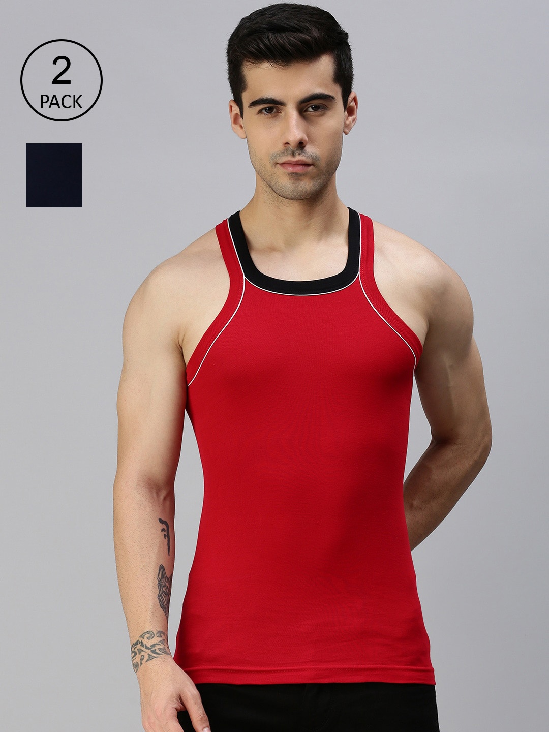 

Pack Of Two Lux Cozi Men Pack Of 2 Navy Blue & Red Solid Cotton Innerwear Vests