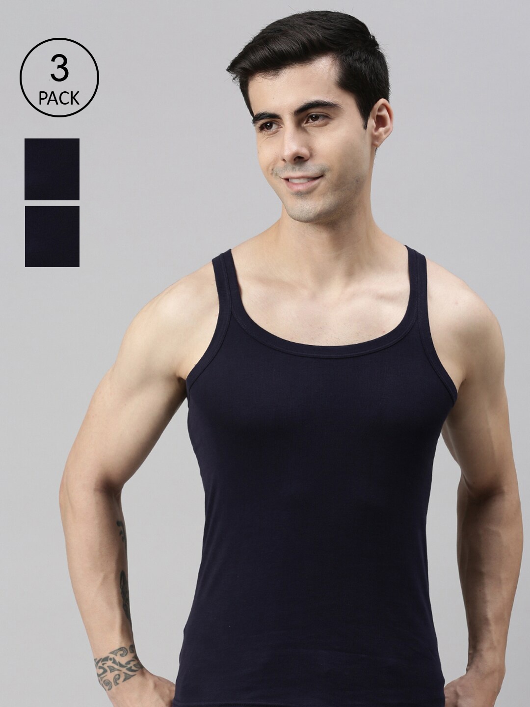 

Lux Cozi Men Pack Of 3 Solid Pure Cotton Innerwear Gym Vests, Navy blue