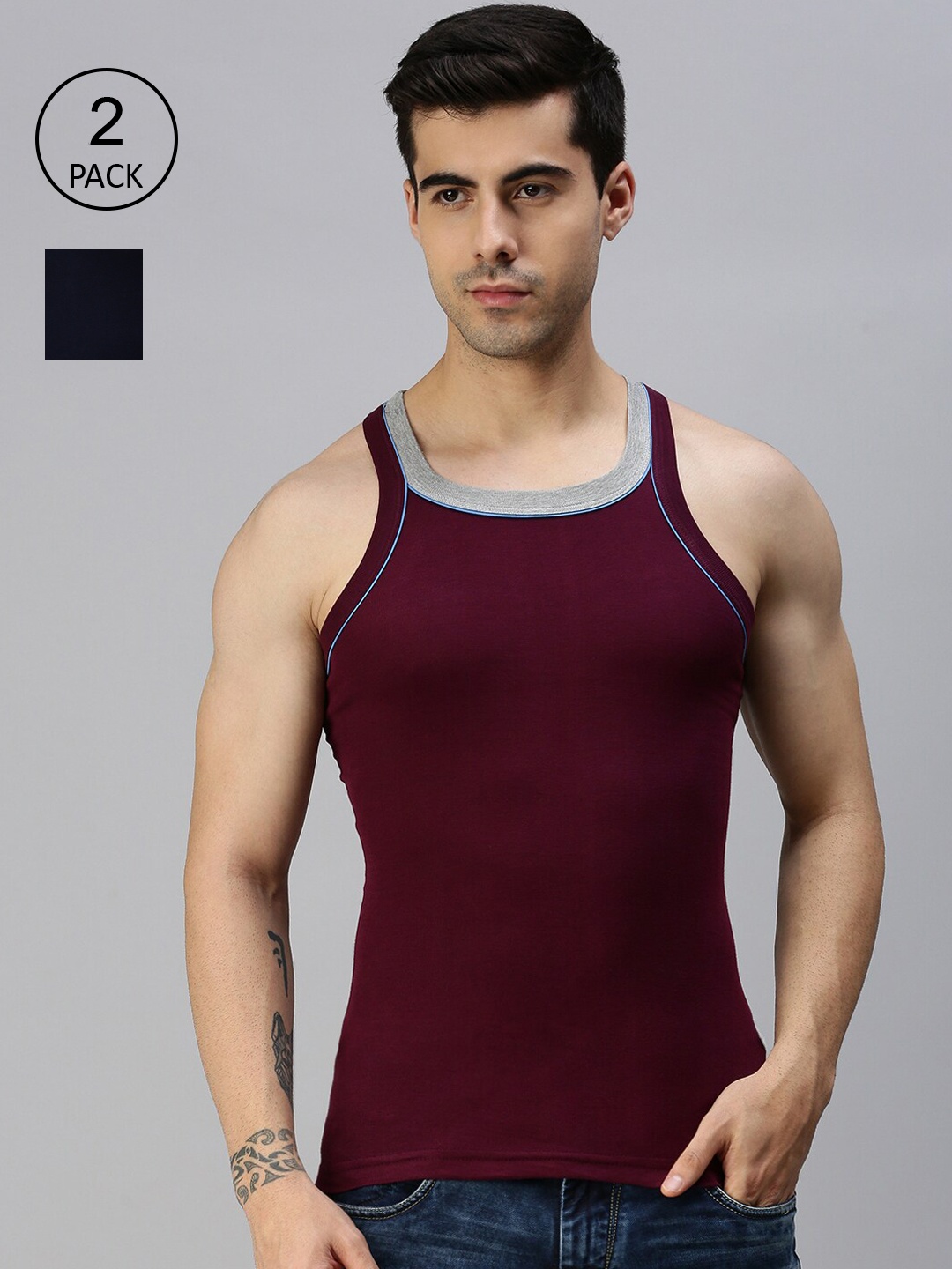 

Lux Cozi Men Pack Of 2 Solid Pure Cotton Gym Vests, Navy blue