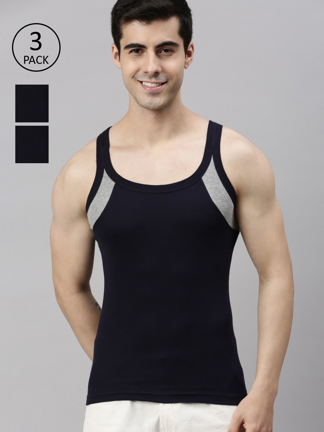 

Lux Cozi Men Pack Of 3 Navy Blue Solid Pure Cotton Innerwear Vests