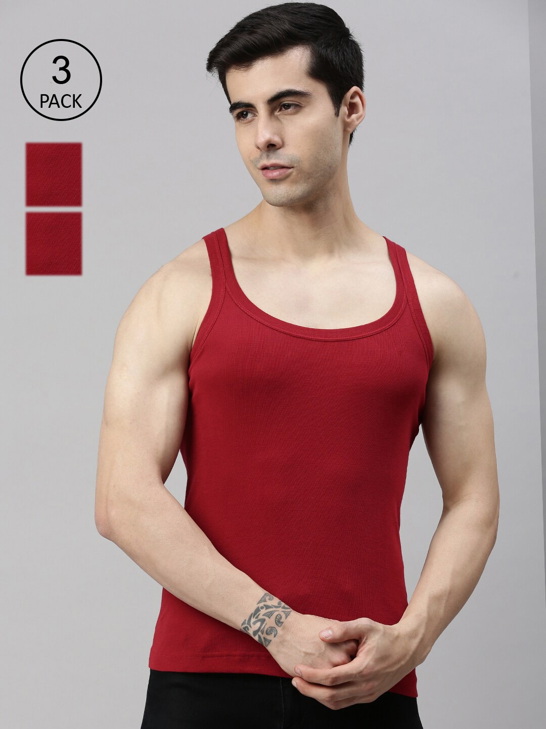 

Lux Cozi Men Pack Of 3 Red Solid Pure Cotton Innerwear Gym Vests