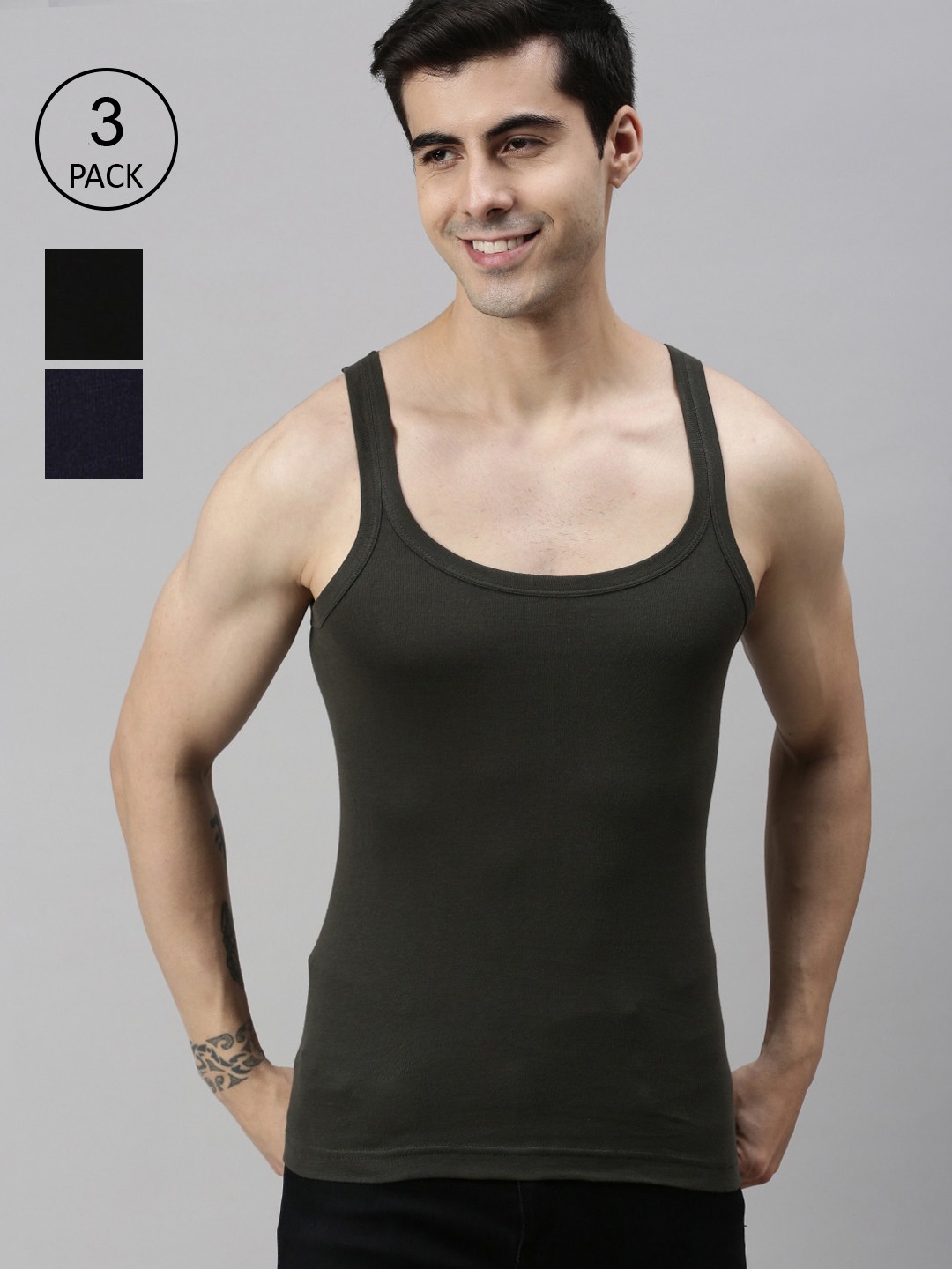 

Lux Cozi Men Pack of 3 Solid Organic Cotton Gym Vests, Black