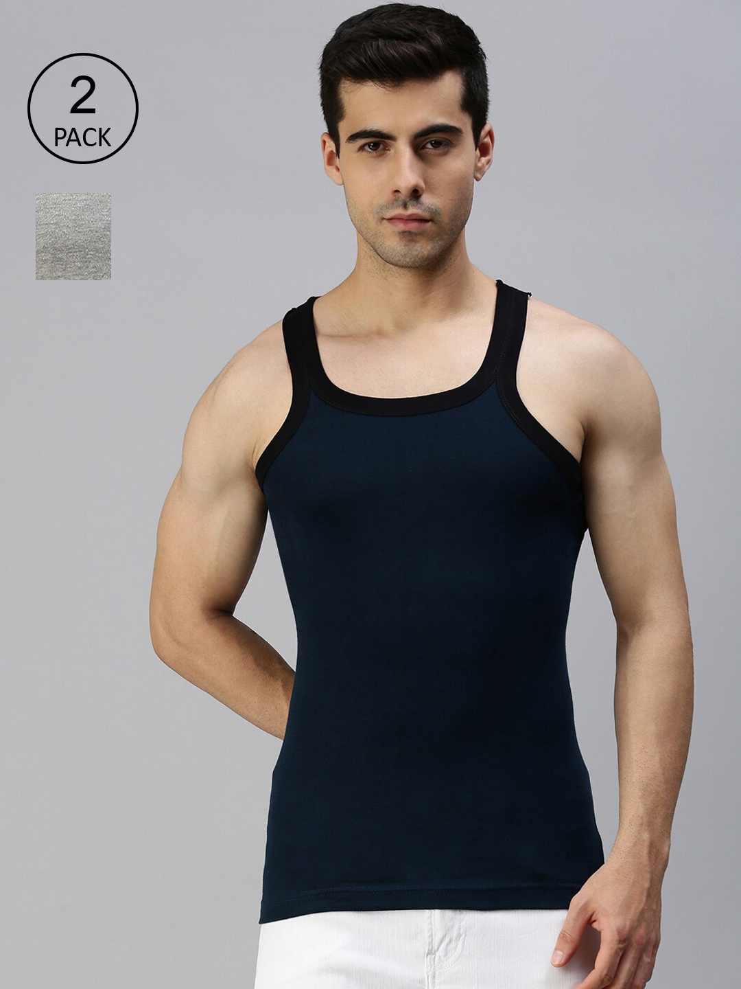 

Pack Of Two Lux Cozi Men Pack of 2 Grey & Blue Solid Cotton Gym Vests