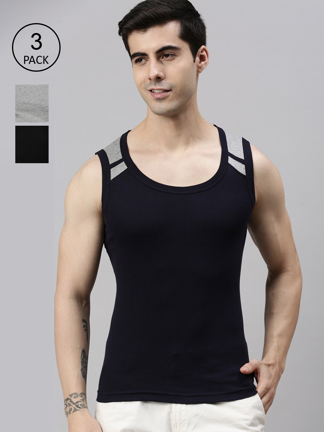 

Lux Cozi Men Pack of 3 Black & Grey Solid Cotton Innerwear Vests