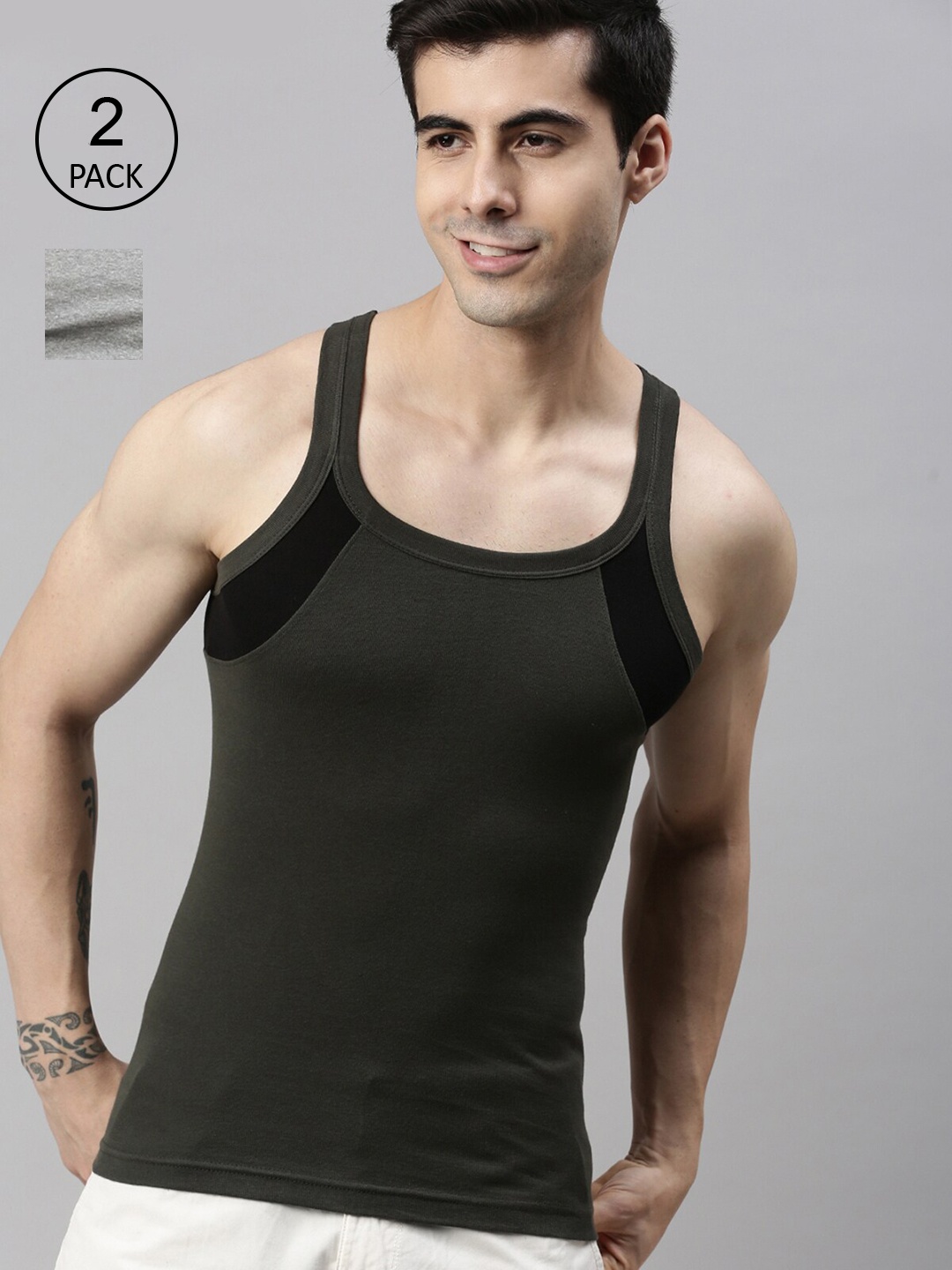 

Lux Cozi Men Pack Of 2 Grey & Olive Green Solid Pure Cotton Innerwear Vests