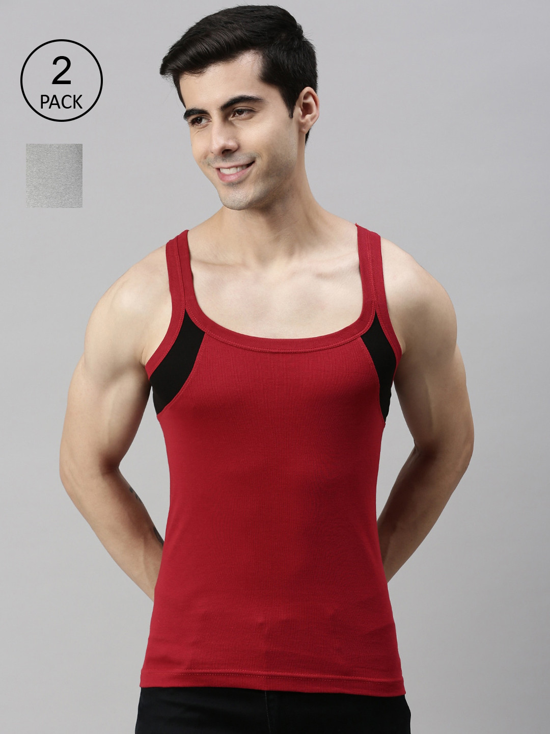 

Lux Cozi Men Pack Of 2 Solid Red And Grey Pure Cotton Innerwear Vests