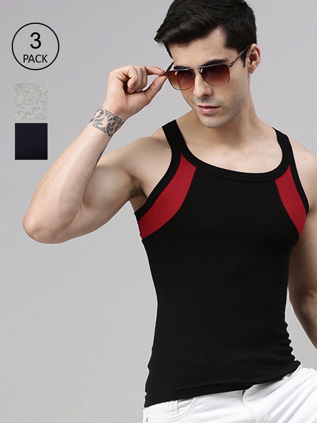 

Lux Cozi Men Plus Size Pack Of 3 Solid Organic Cotton Innerwear Vests, Black