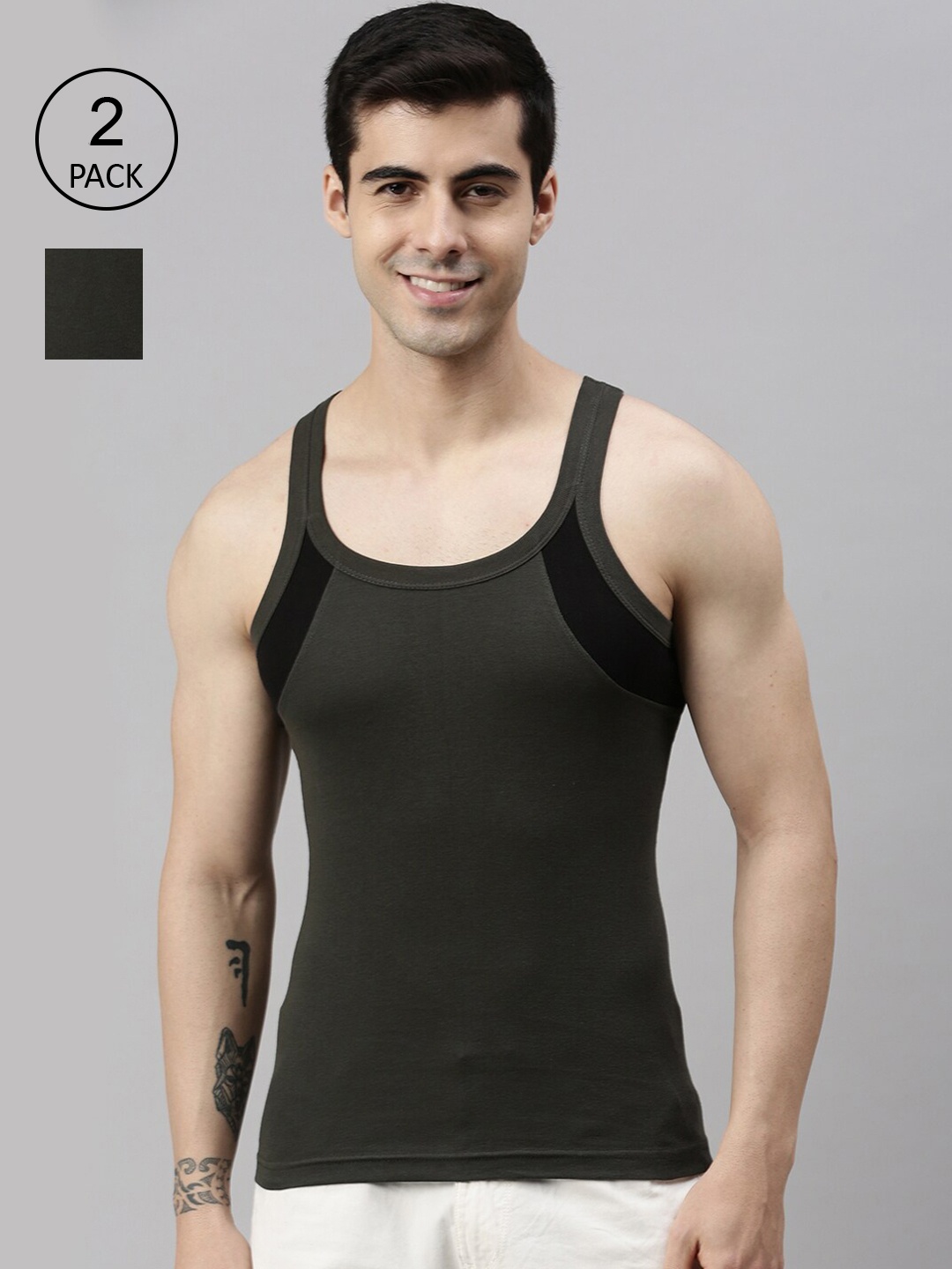 

Lux Cozi Men Pack Of 2 Olive Green Solid Cotton Innerwear Vests