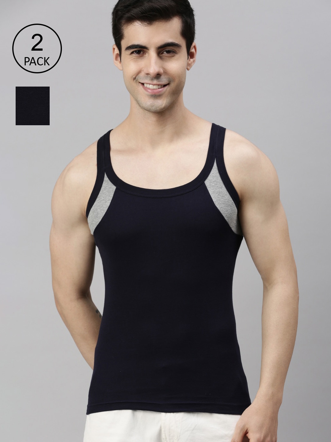 

Lux Cozi Men Pack Of 2 Navy Blue Solid Pure Cotton Innerwear Vests