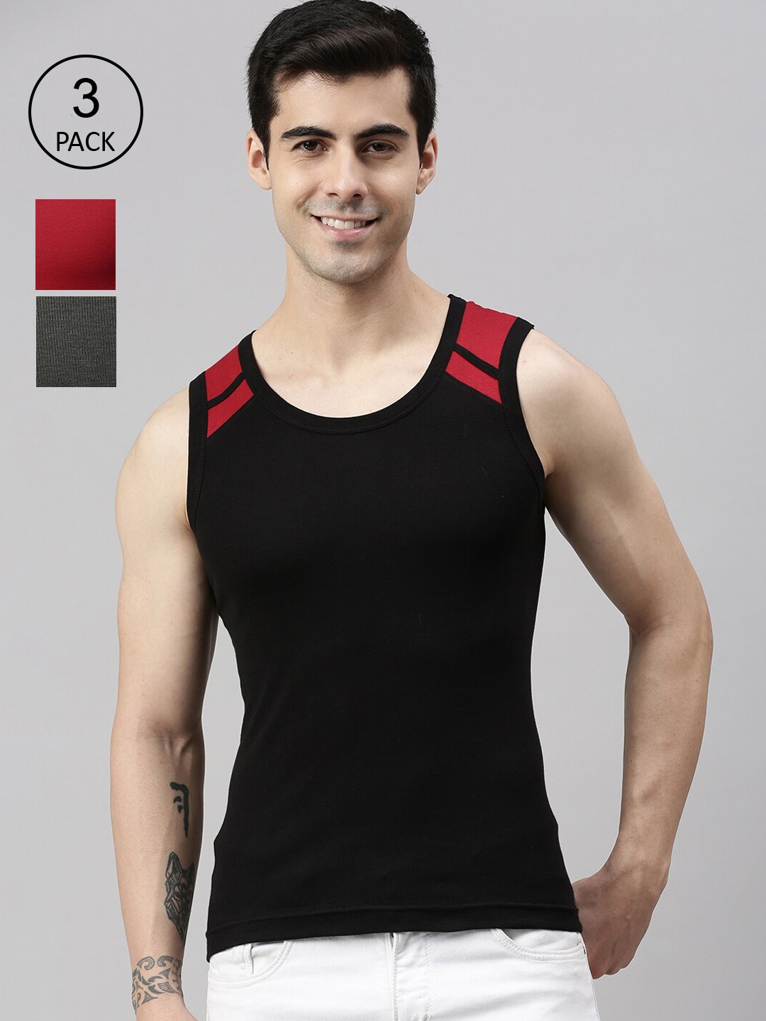 

Lux Cozi Men Pack Of 3 Solid Pure Cotton Innerwear Vests, Red