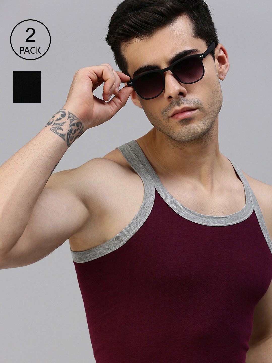 

Lux Cozi Men Pack Of 2 Solid Organic Cotton Innerwear Gym Vests, Black