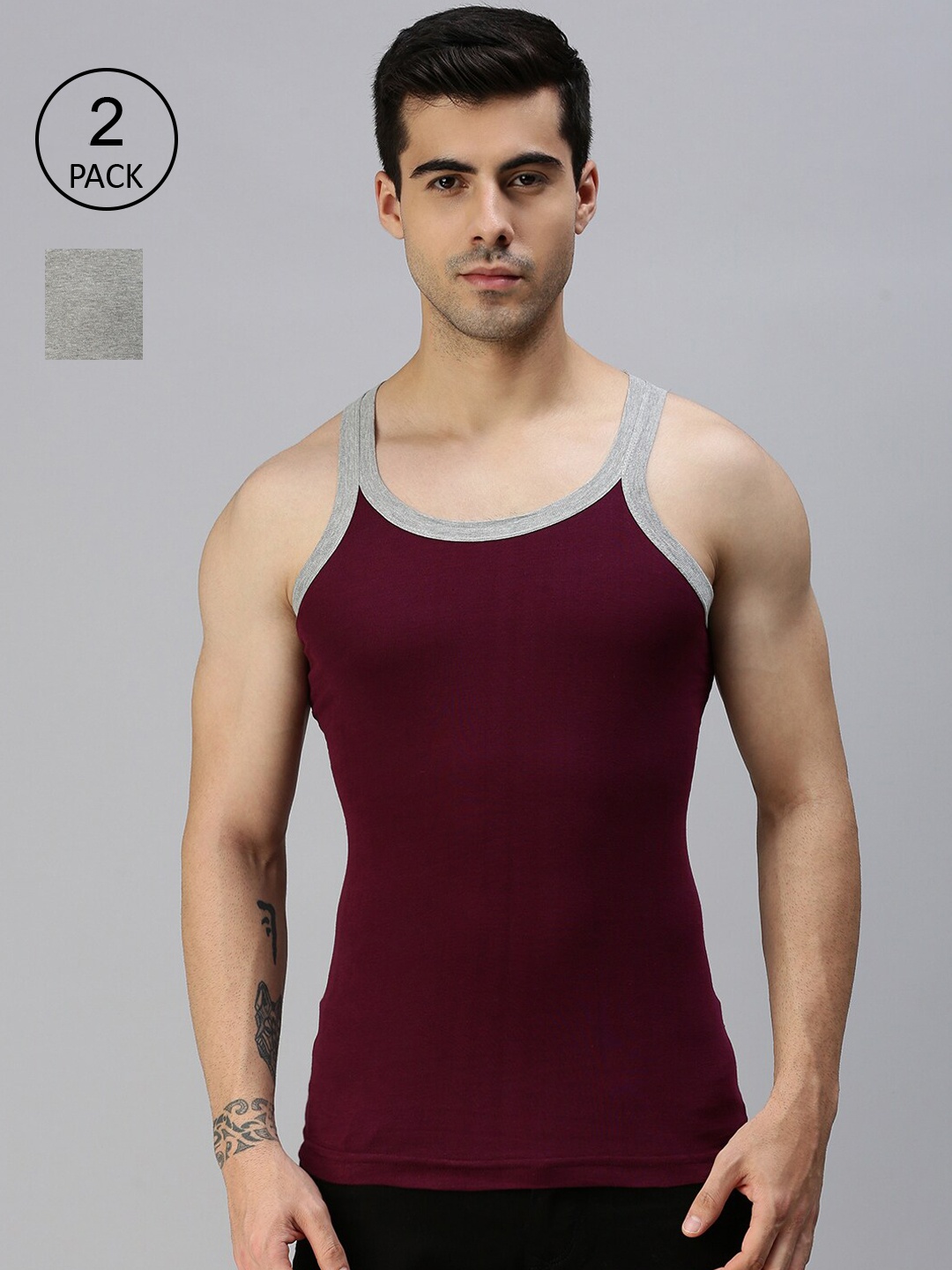 

Lux Cozi Men Pack Of 2 Solid Cotton Innerwear Vests, Grey