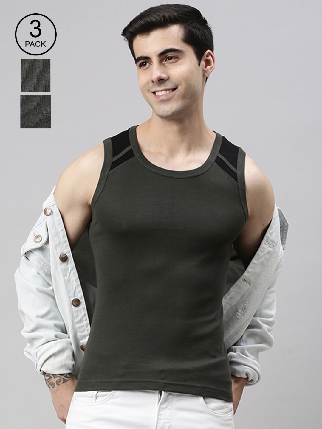 

Lux Cozi Men Pack Of 3 Solid Pure Cotton Innerwear Vests, Olive