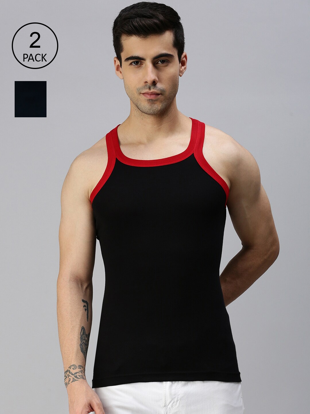 

Lux Cozi Men Pack Of 2 Solid Pure Cotton Innerwear Gym Vests, Black