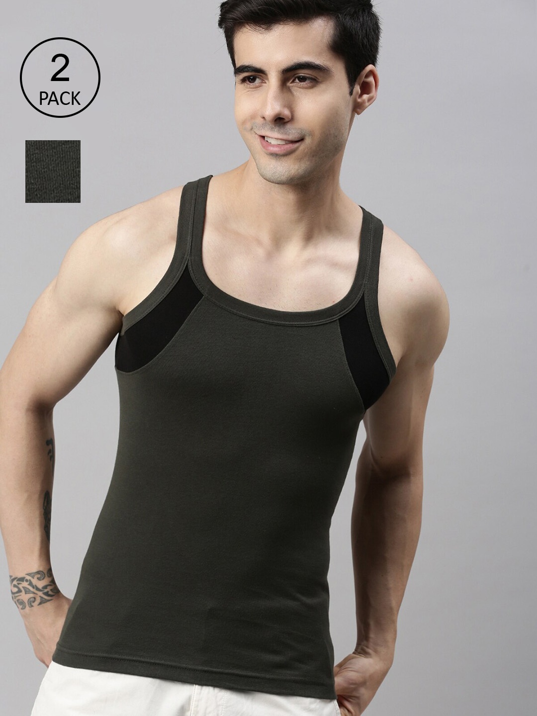 

Lux Cozi Men Pack Of 2 Olive-Green Solid Pure Cotton Gym Vests