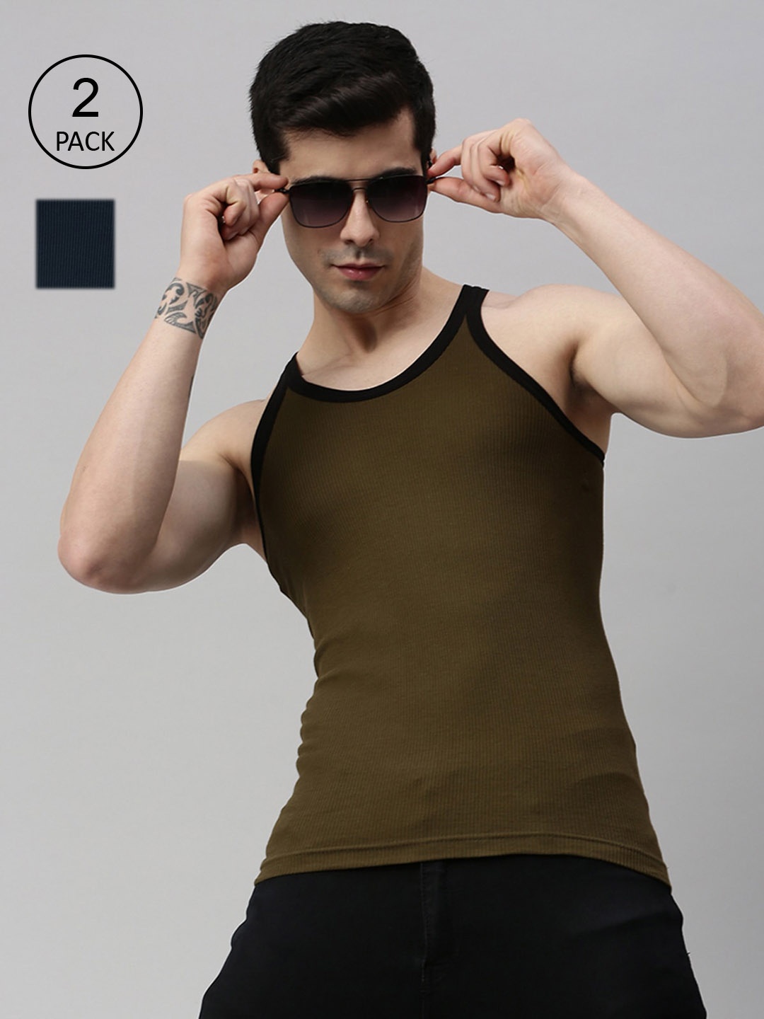 

Lux Cozi Men Pack Of 2 Solid Olive And Blue Pure Cotton Gym Vests