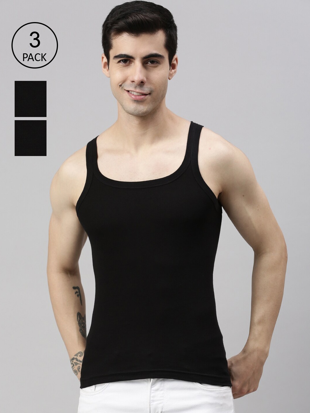 

Lux Cozi Men Plus Size Pack of 3 Black Solid Organic Cotton Innerwear Vests