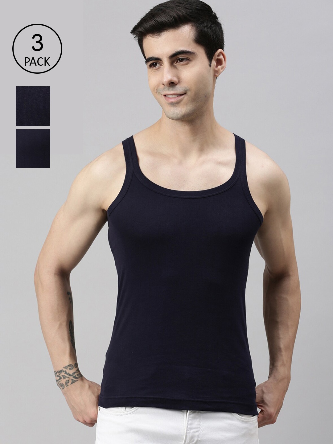 

Lux Cozi Men Pack Of 3 Navy Blue Solid Cotton Innerwear Vests