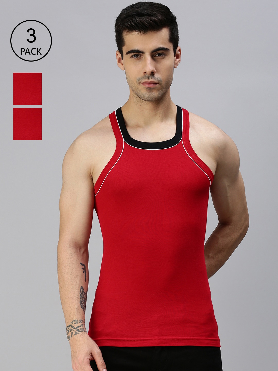 

Lux Cozi Plus Size Men Pack Of 3 Solid Pure Cotton Innerwear Vests, Red