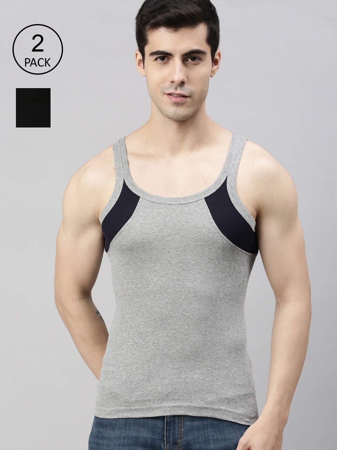 

Lux Cozi Men Pack of 2 Black And Grey Solid Pure Cotton Innerwear Vests