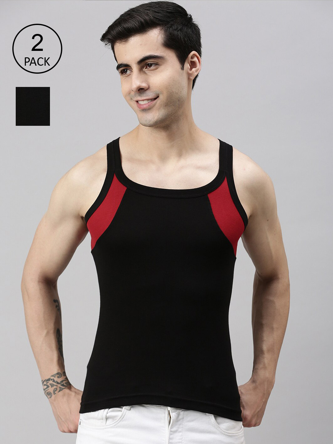 

Lux Cozi Men Pack of 2 Black Solid Pure Cotton Innerwear Vests