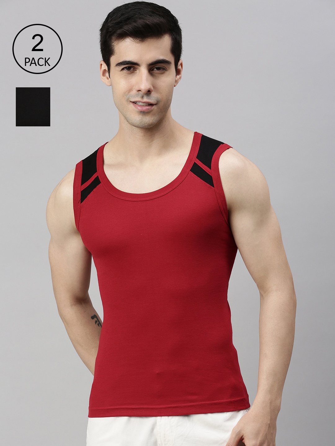 

Lux Cozi Men Pack of 2 Black & Red Solid Pure Cotton Innerwear Vests