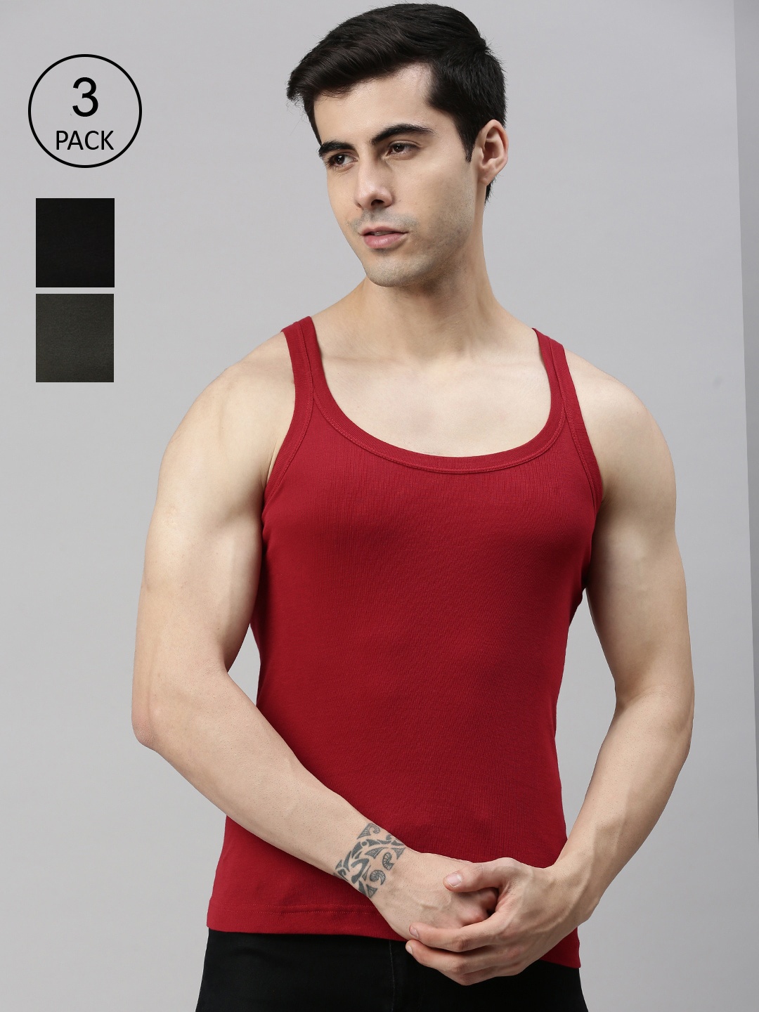 

Lux Cozi Men Pack of 3 Solid Pure Cotton Gym Vests, Red