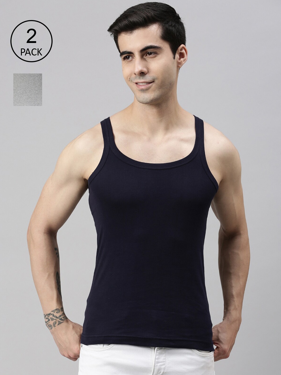 

Lux Cozi Men Plus Size Pack of 2 Grey & Navy Blue Solid Pure Cotton Innerwear Vests