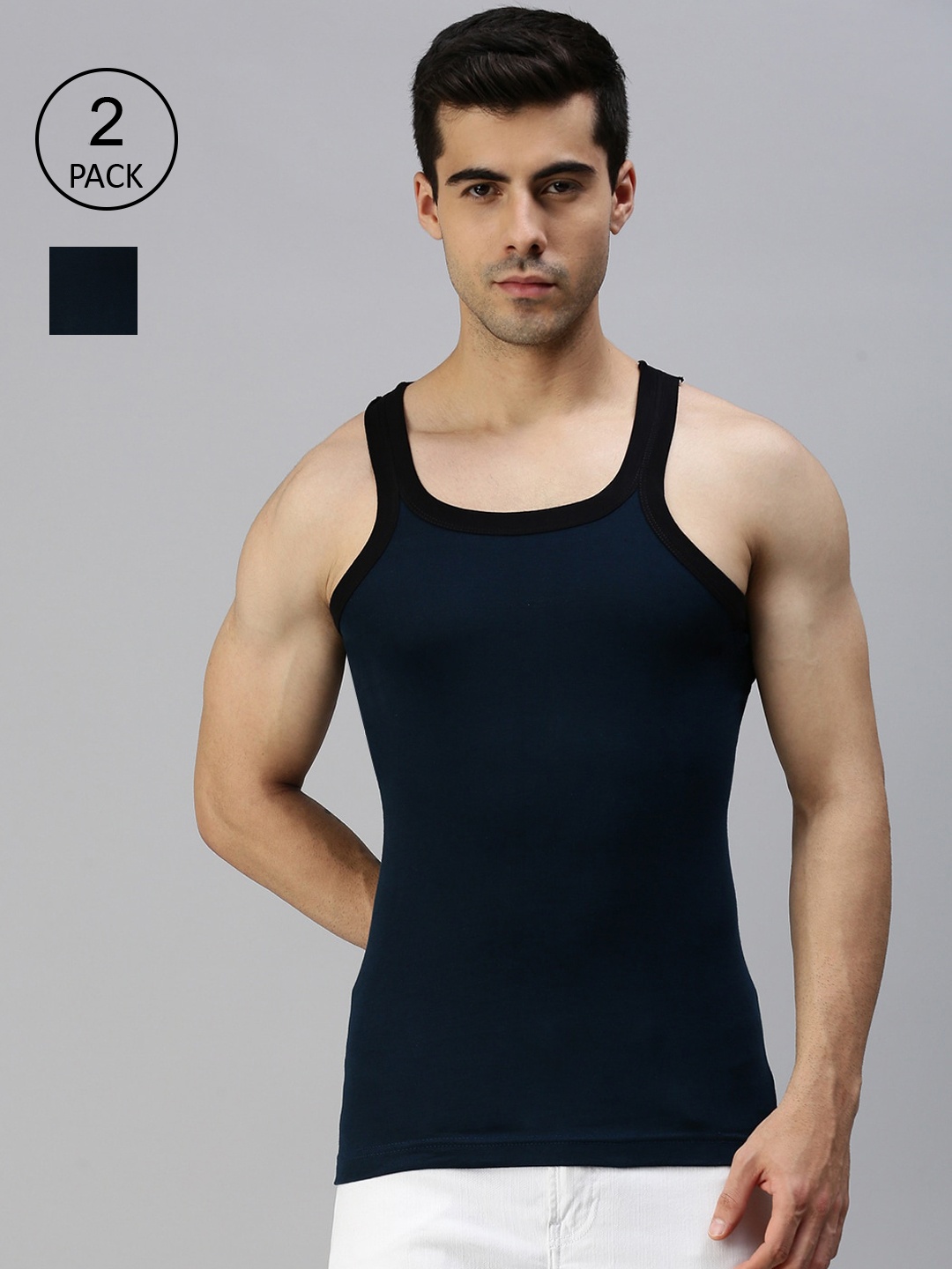 Lux Cozi Men Pack of 2 Navy Blue Solid Pure Cotton Innerwear Vests