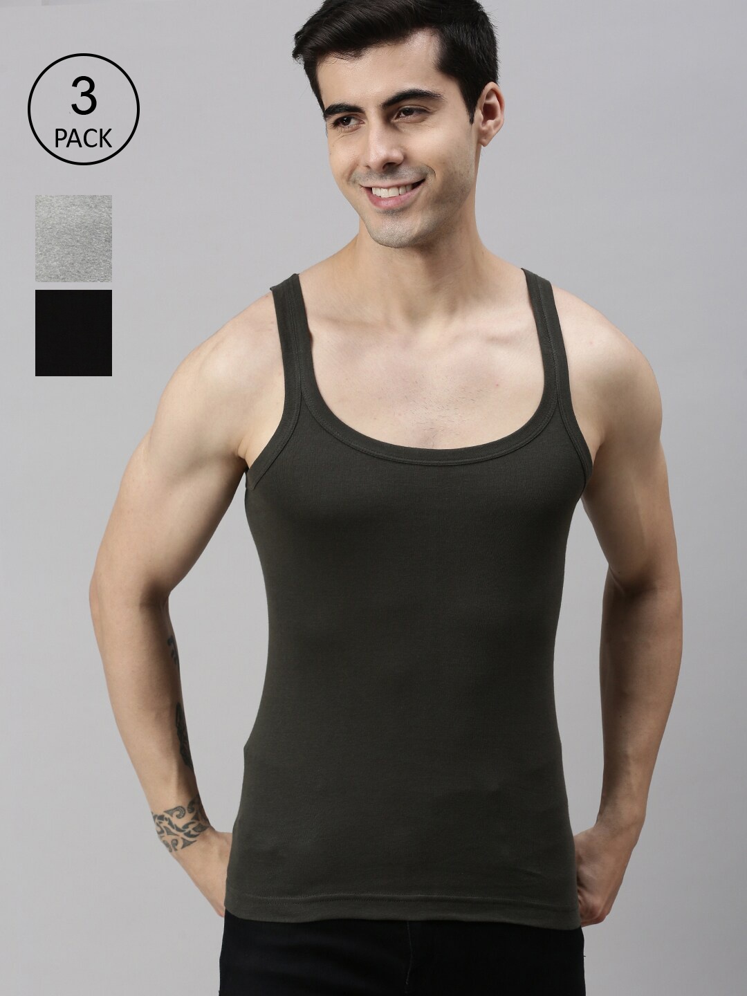 

Lux Cozi Men Pack Of 3 Black & Grey Solid Cotton Innerwear Vests