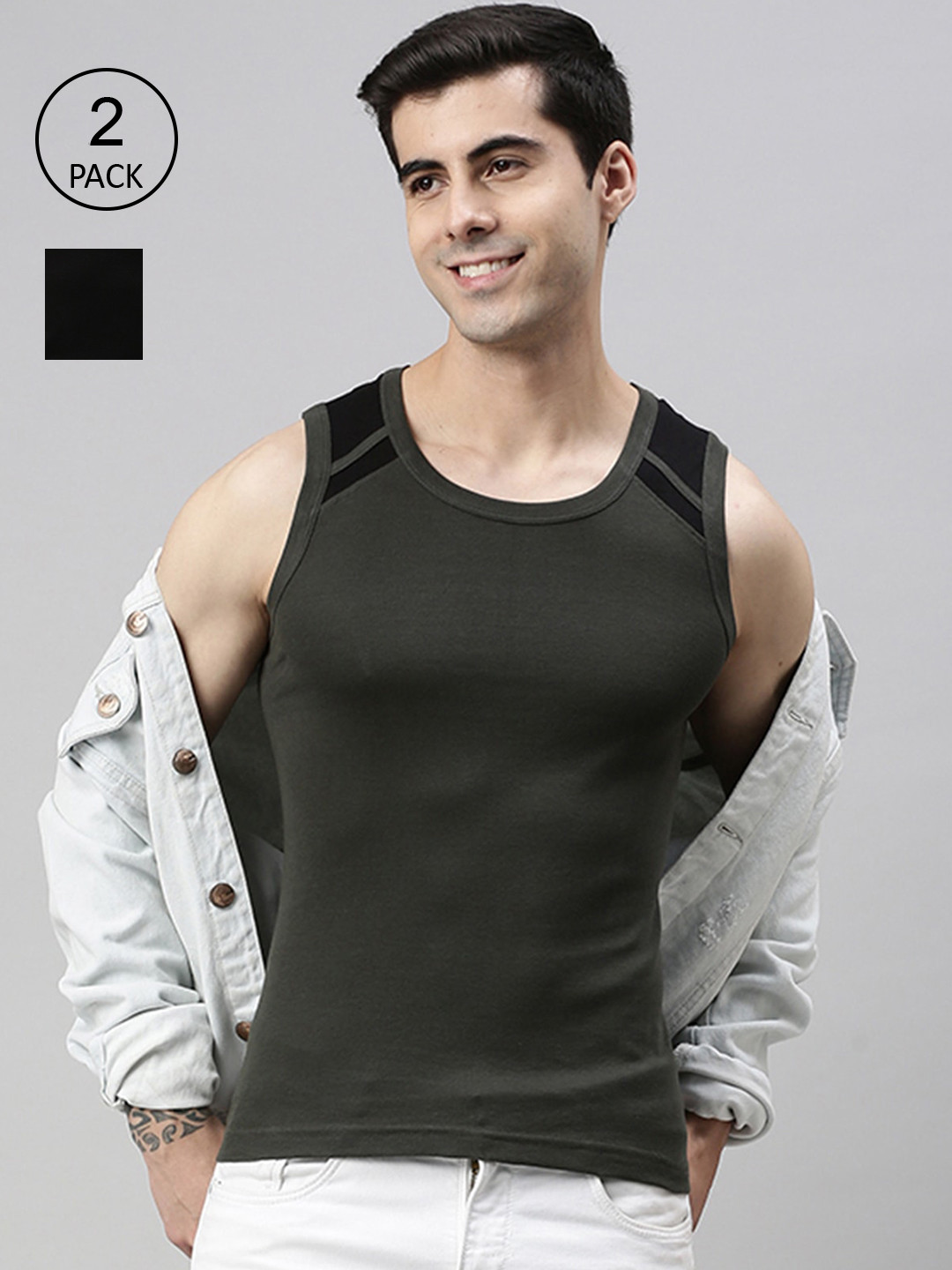 

Lux Cozi Men Pack of 2 Black & Olive-coloured Solid Pure Cotton Innerwear Vests