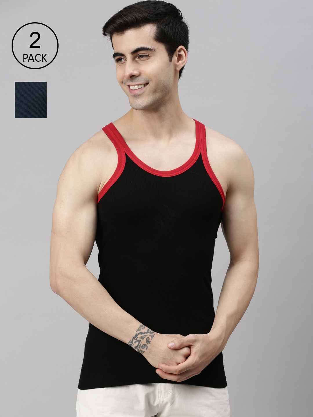 

Lux Cozi Men Pack of 2 Black & Blue Solid Pure Cotton Innerwear Vests