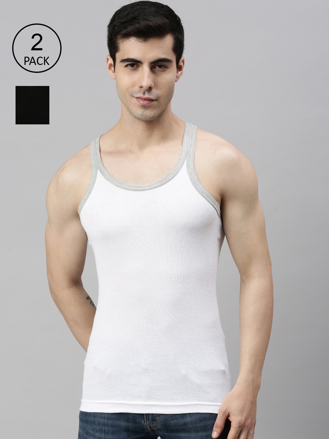 

Lux Cozi Men Pack of 2 Black & White Solid Pure Cotton Innerwear Vests