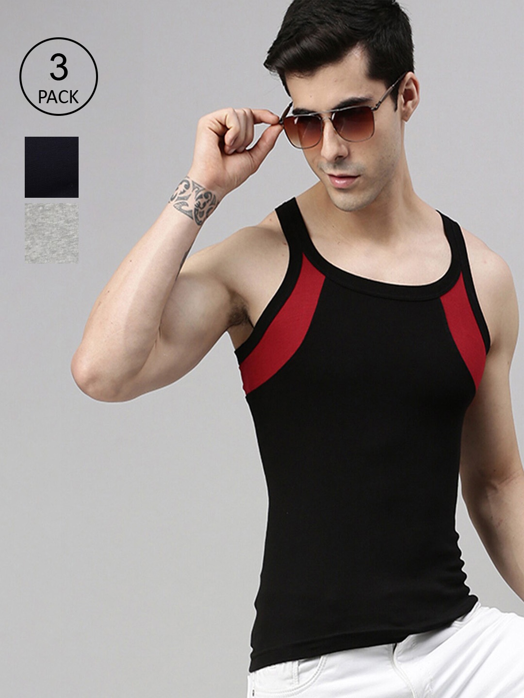 

Lux Cozi Men Pack Of 3 Solid Pure Cotton Gym Vests, Black