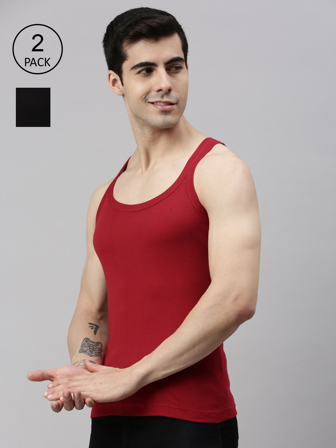

Lux Cozi Men Pack of 2 Navy Blue & Red Solid Pure Cotton Innerwear Vests