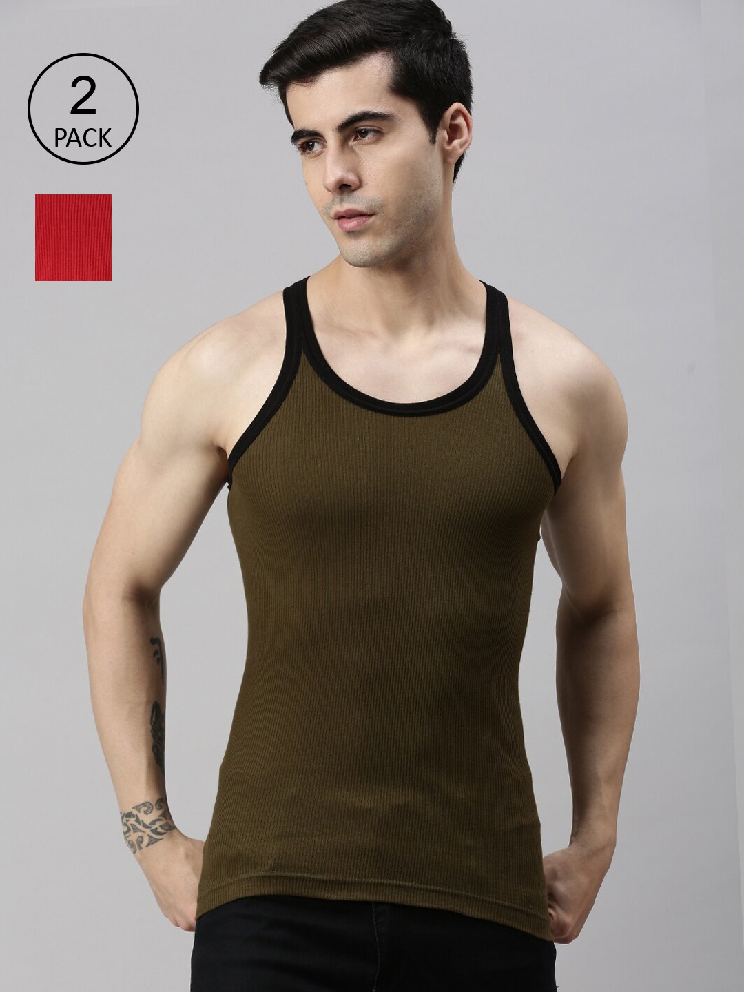 

Lux Cozi Men Pack of 2 Organic Cotton Innerwear Vests, Olive