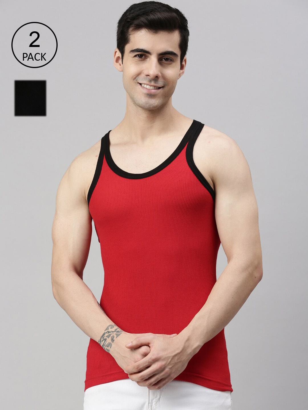 

Lux Cozi Men Pack of 2 Black & Red Solid Pure Cotton Innerwear Vests