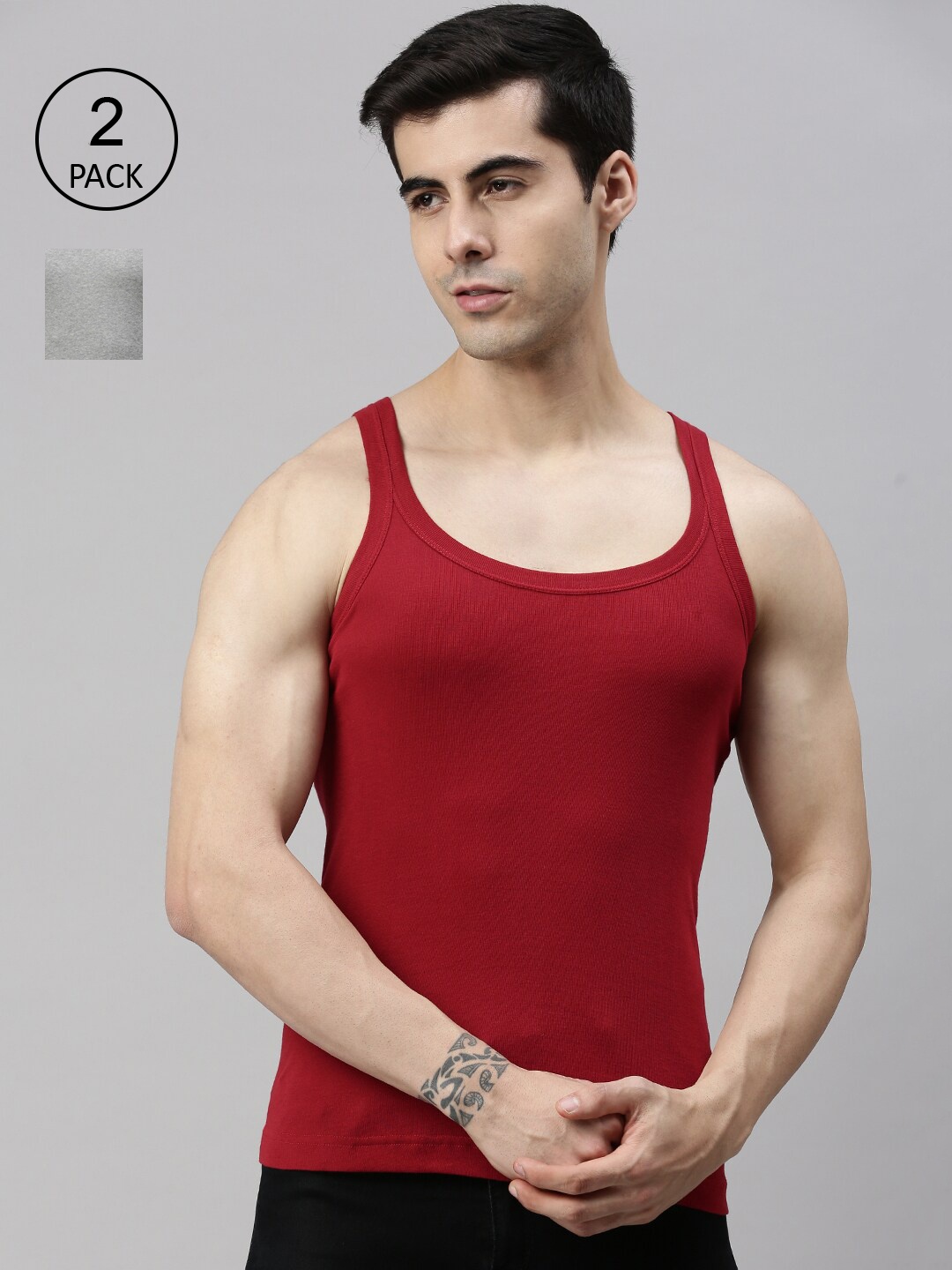 

Lux Cozi Plus Size Men Pack of 2 Grey & Red Solid Pure Cotton Innerwear Vests