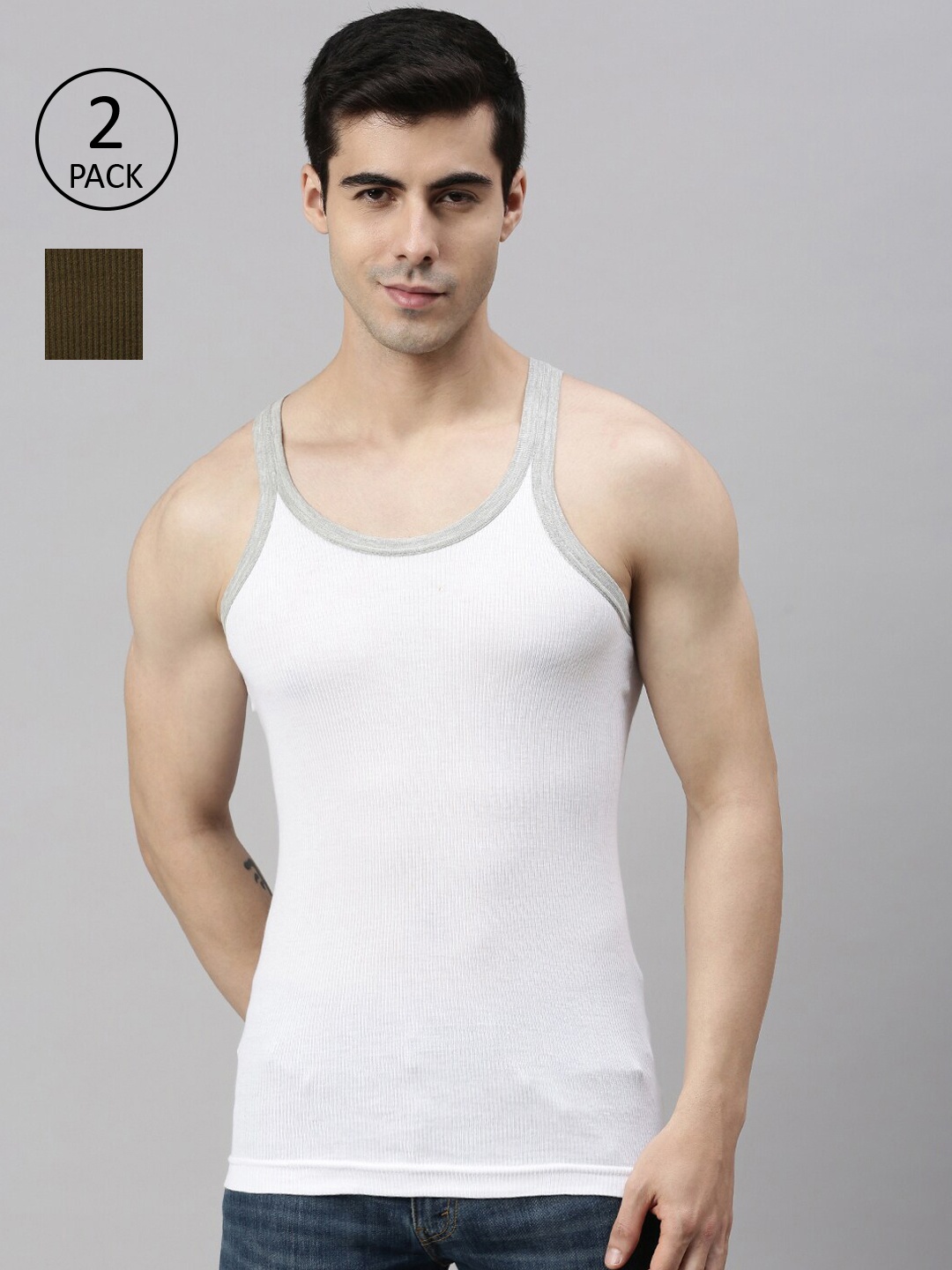 Lux Cozi Men Pack of 2 Olive-coloured & White Solid Pure Cotton Innerwear Vests