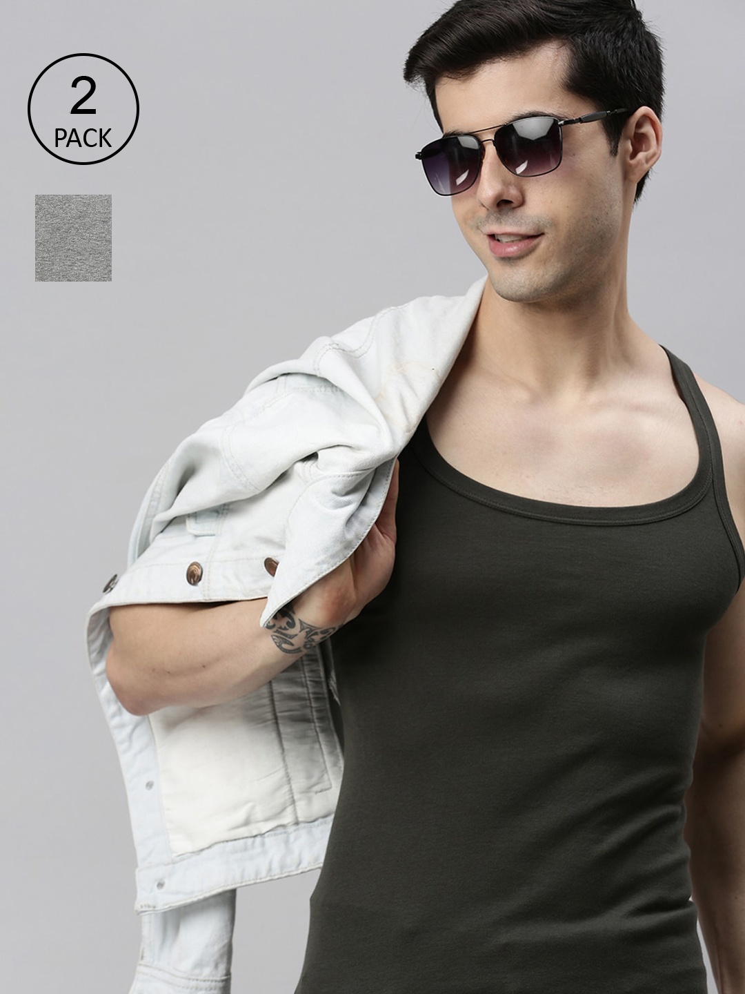 

Lux Cozi Men Pack of 2 Olive-coloured & Grey Solid Pure Cotton Innerwear Vests