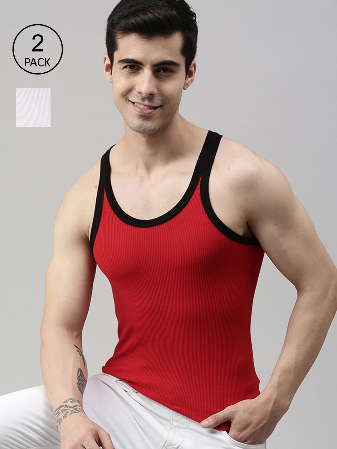 

Lux Cozi Men Men Pack of 2 Red & White Solid Pure Cotton Gym Vests