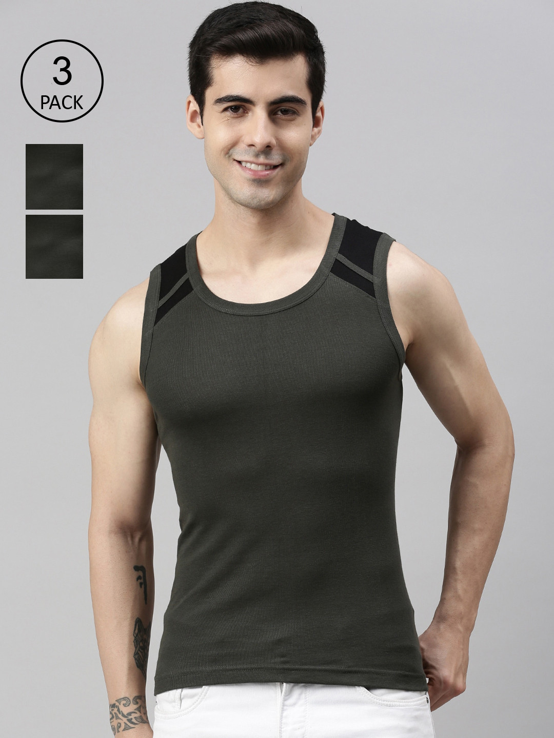 

Lux Cozi Men Plus Size Pack Of 3 Solid Pure Cotton Innerwear Vests, Olive