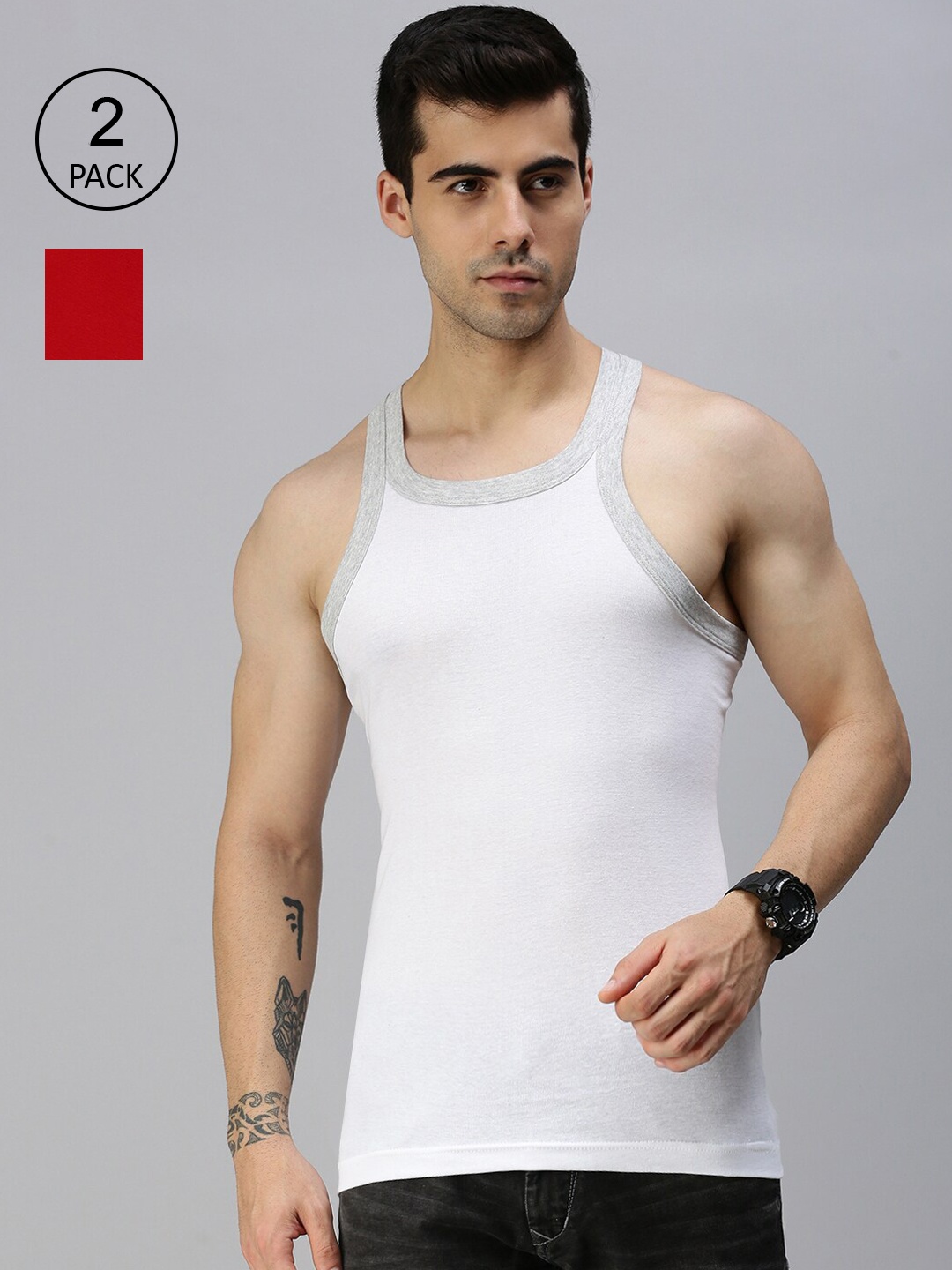 

Lux Cozi Men Pack of 2 Red & White Solid Pure Cotton Innerwear Vests